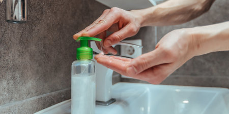 close up. person uses a bactericidal soap.の写真素材