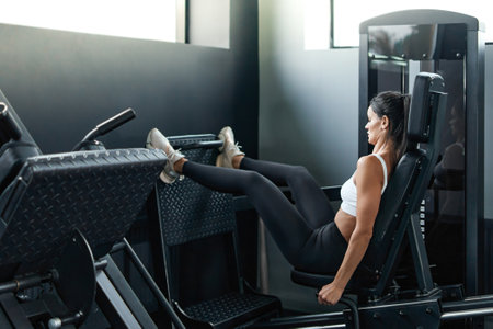 fitness woman performing exercises on a leg simulator.