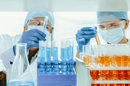 close up. test tubes on the table in the biochemical laboratory .の写真素材