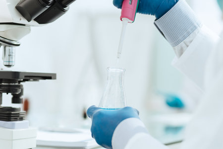 close up. young scientist conducts research in the laboratory.の写真素材