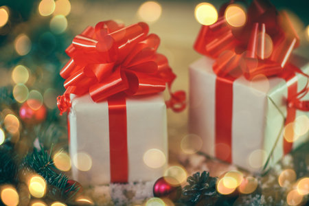 Christmas card. colorful boxes with gifts on Christmas backgrouの写真素材