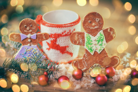Christmas card. Christmas mug and gingerbread menの写真素材