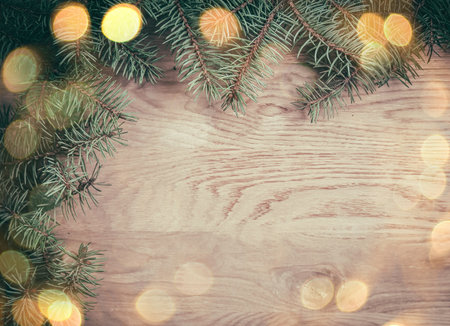 traditional green Christmas wreath on wooden backgroundの写真素材