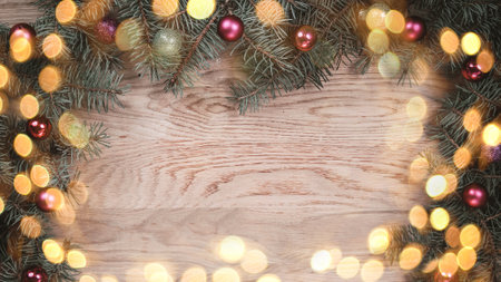 traditional Christmas wreath with red balls on wooden backgroundの写真素材
