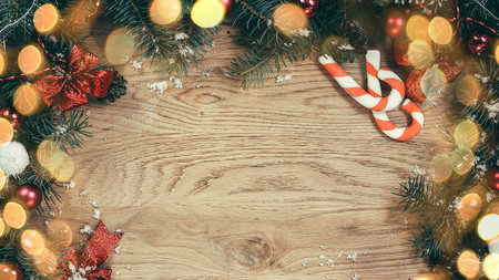 Christmas wreath with a congratulatory inscription on a woodenの写真素材