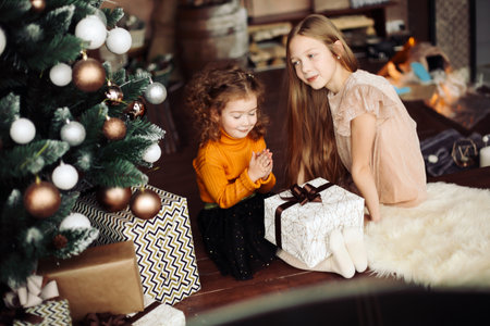 two pretty sisters with presents sitting on the floor on Christmの写真素材