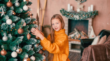 smiling teen girl decorating Christmas tree in her living roomの写真素材