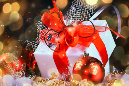 Christmas shopping with beautiful Christmas decorations on the night background. beautiful bokeh effect from a garland.の写真素材
