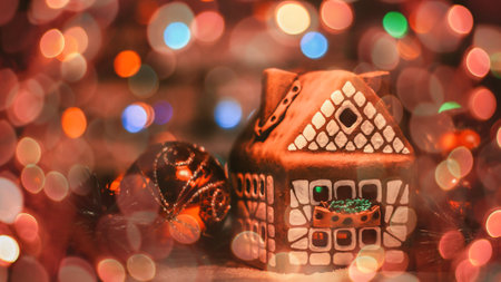 gingerbread house and Christmas decorations on festive background. beautiful bokeh effect from a garland.の写真素材