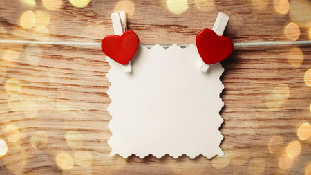 sheet form with hearts attached to a rope. beautiful bokeh effect from a garland.の写真素材