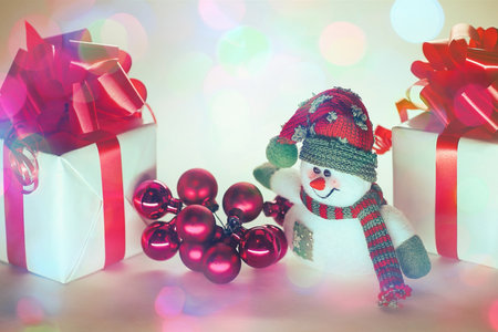 snowman, Christmas gifts and Christmas balls .isolated on whiteの写真素材