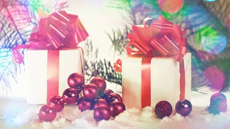 gift box .isolated on Christmas backgroundの写真素材