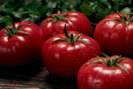 large juicy tomatoes on a wooden board.の写真素材