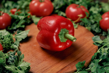 juicy red bell pepper on a wooden board.の写真素材