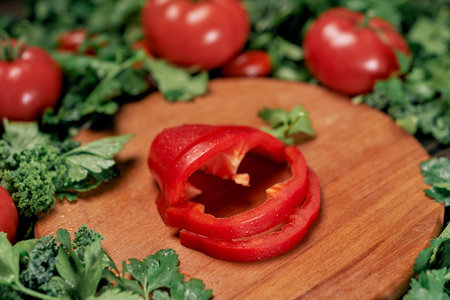 sliced tomato on a wooden kitchen board.の写真素材