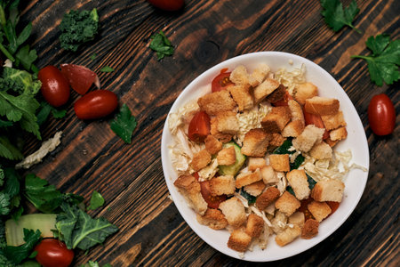 vegetable salad with crackers on a wooden table top.の写真素材