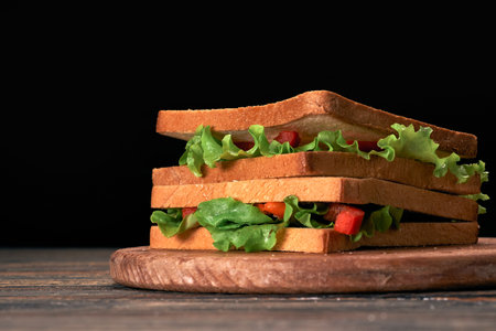 fresh tomato sandwich on a black background.の写真素材