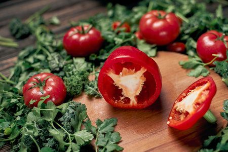 sliced sweet paprika and fresh tomatoes on a wooden board.の写真素材