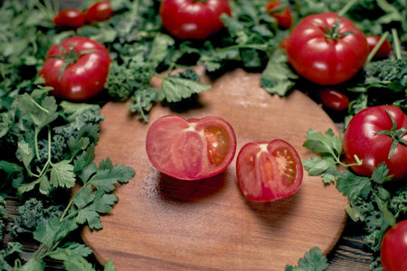 juicy sliced tomato on a wooden board.の写真素材