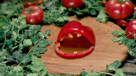 paprika, parsley and tomatoes on the kitchen table .の写真素材