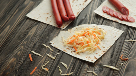 products for making sandwich Shawarma on wooden backgroundの写真素材