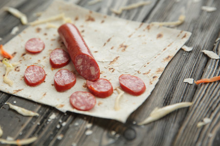 salami sliced on pita bread.preparation of Shawarma. photo with copy spaceの写真素材