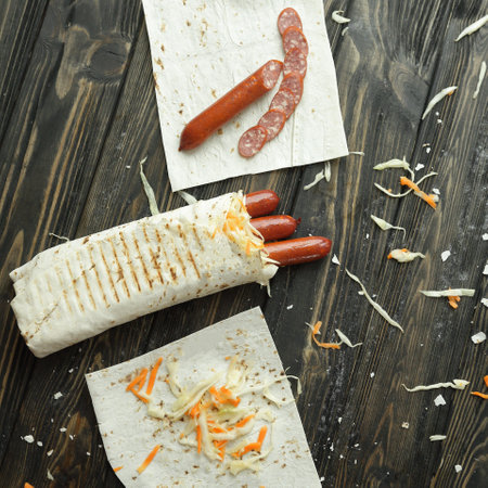 cooking sausages in pita bread.ingredients on wooden tableの写真素材