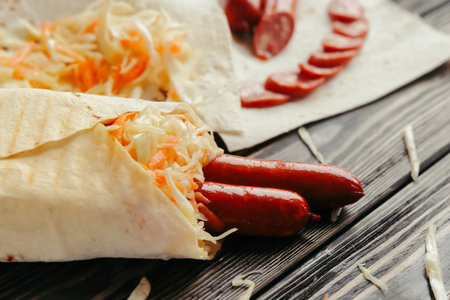 lavash with smoked sausage and cabbage.photo with copy spaceの写真素材