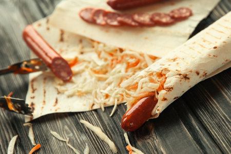 lavash with spicy sausage and vegetables.photo with copy spaceの写真素材