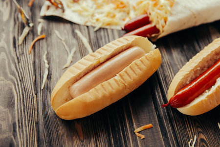 preparation of hot dogs with sausage.photo on a wooden backgroundの写真素材