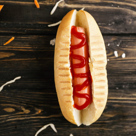 hot dog and pickled cabbage on dark wooden background.photo with copy spaceの写真素材