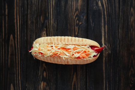 hot dog with vegetables on wooden background.photo with copy spaceの写真素材