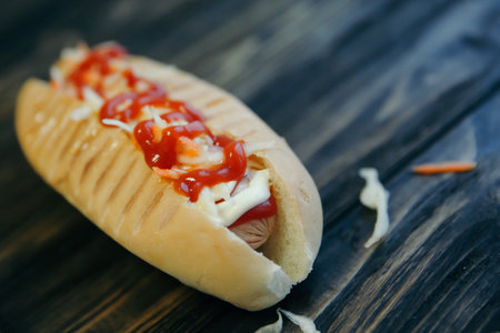 close up.hot dog on wooden background.photo with copy spaceの写真素材