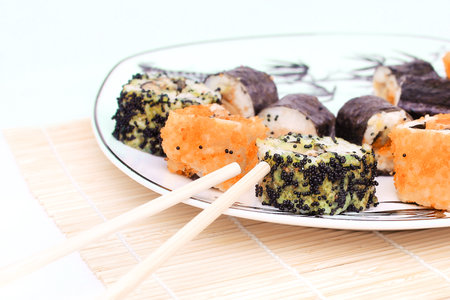 close-up of sushi rolls on the plateの写真素材