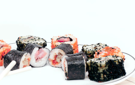 close-up of sushi rolls on the plateの写真素材