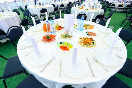 table served for the celebration in the restaurant.の写真素材