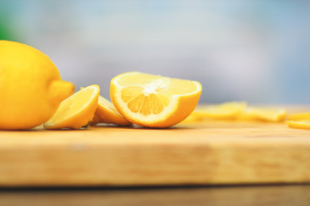 close up.cook the orange slices on a wooden Boardの写真素材