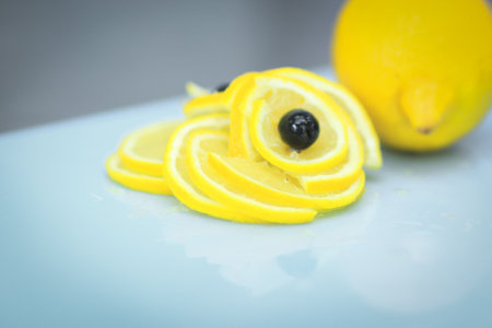 close up.the slices of oranges on a cutting Boardの写真素材