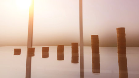 towers of coins on a glass table in the officeの写真素材