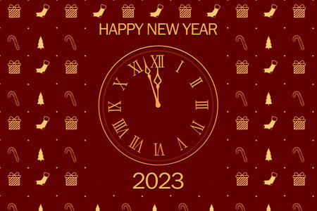 christmas clock on a festive red background. 2023 new year