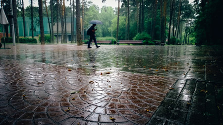 passer-by under an umbrella go through the wet city Park