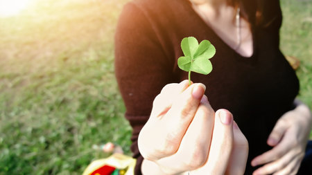 four-leaf clover in the hands of the ecologist.の写真素材