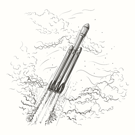 Heavy Rocket Flying among the clouds hand drawn illustration. Vector.のイラスト素材
