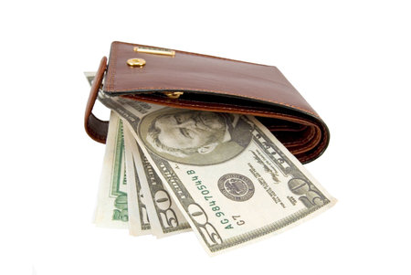 Brown leather wallet and fifty dollars denominationsの写真素材