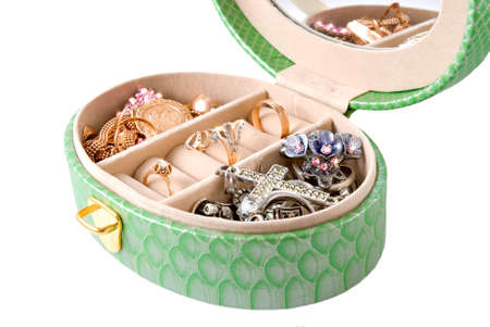 The green casket with jewelry is photographed a close-upの写真素材