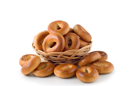 Ring-shaped cracknel lays in a woven basketの写真素材