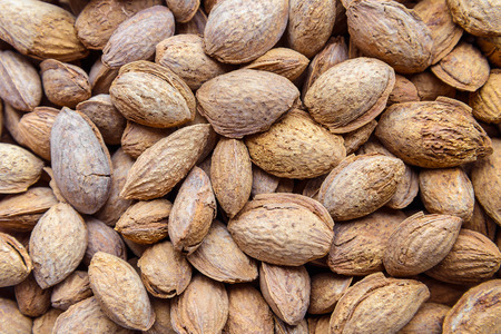 A bunch of unshelled almonds photographed close up
