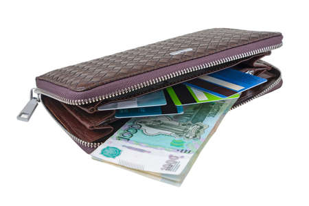 Wallet with rubles and card is photographed close-up