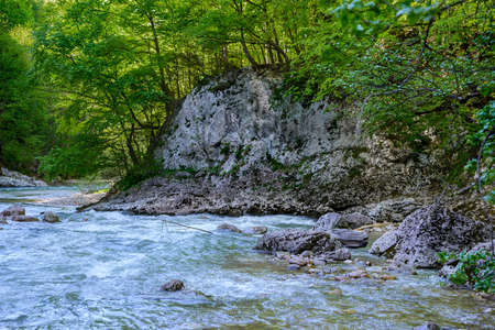 Mountain river flowing among the stone coasts