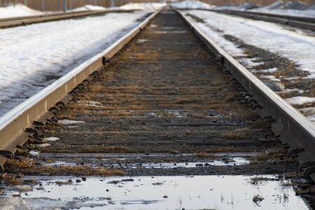 Railway, rails, sleepers, melt water, spring, abandoned, rust, transport, trains, travel